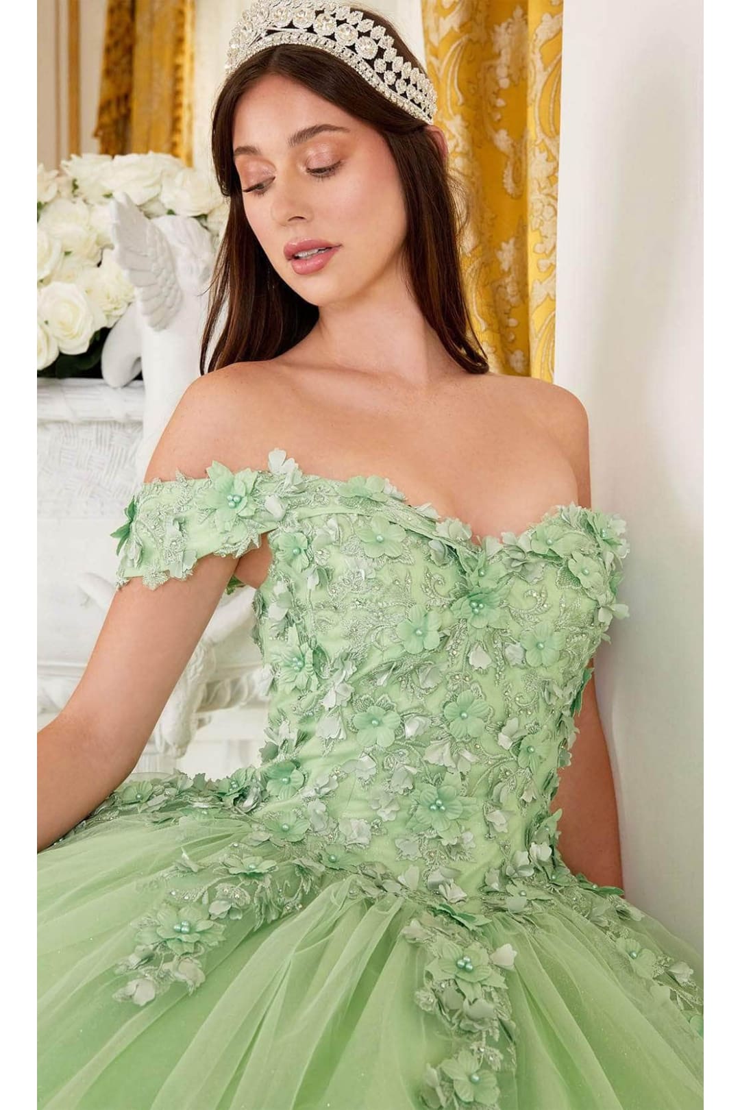 Ladivine 15710 - Floral Off-Shoulder Ballgown - Greenery / XXS - Prom
