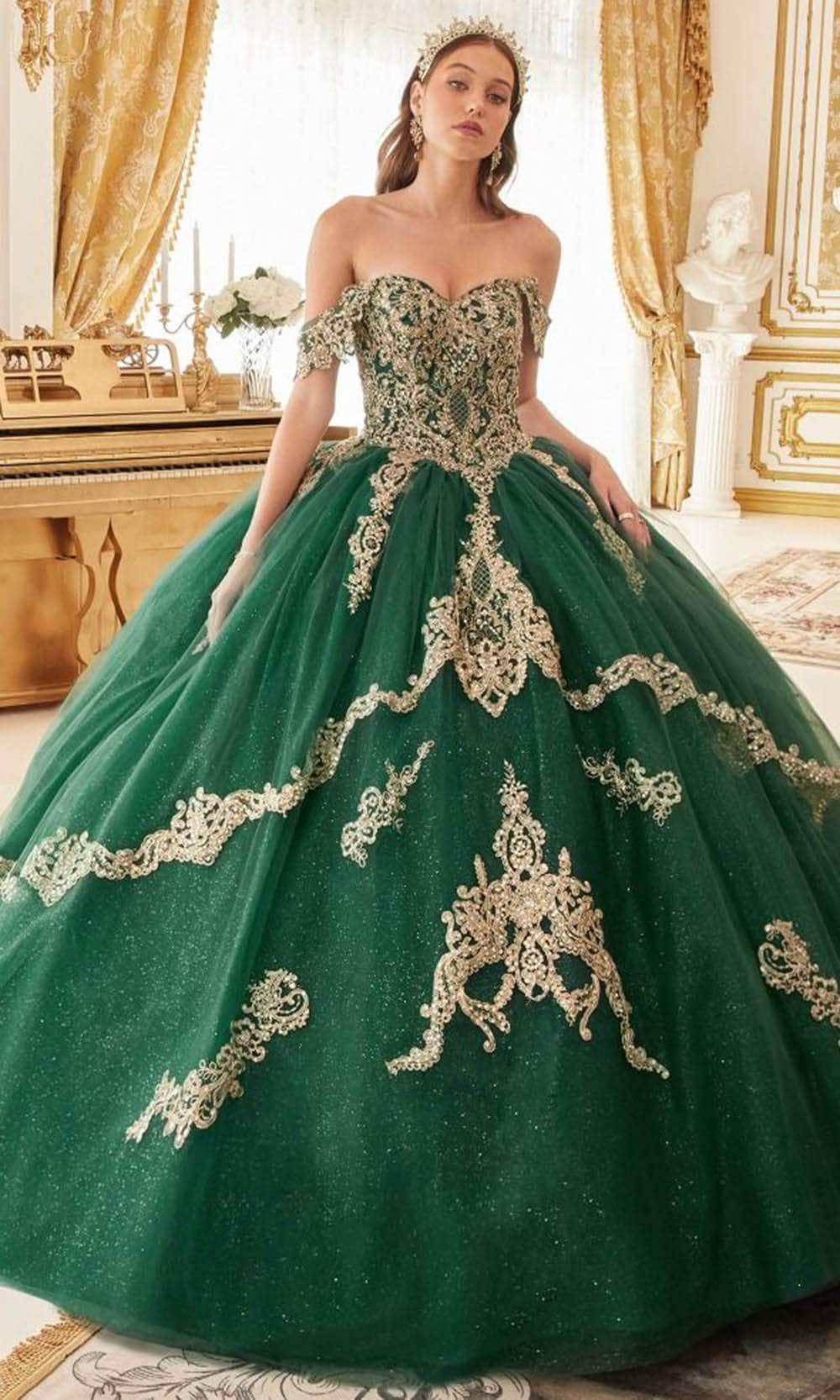 Ladivine 15711 - Lace Applique Off-Shoulder Ballgown - Emerald / XXS - Prom