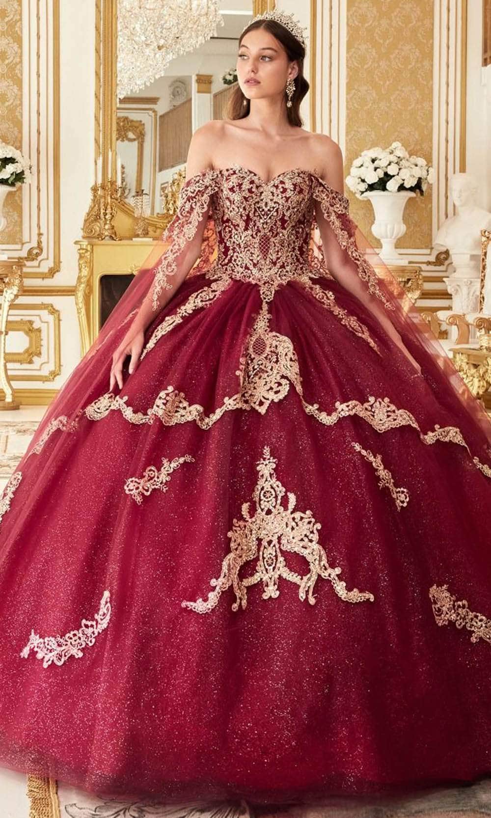 Ladivine 15711 - Lace Applique Off-Shoulder Ballgown - Burgundy / XXS - Prom
