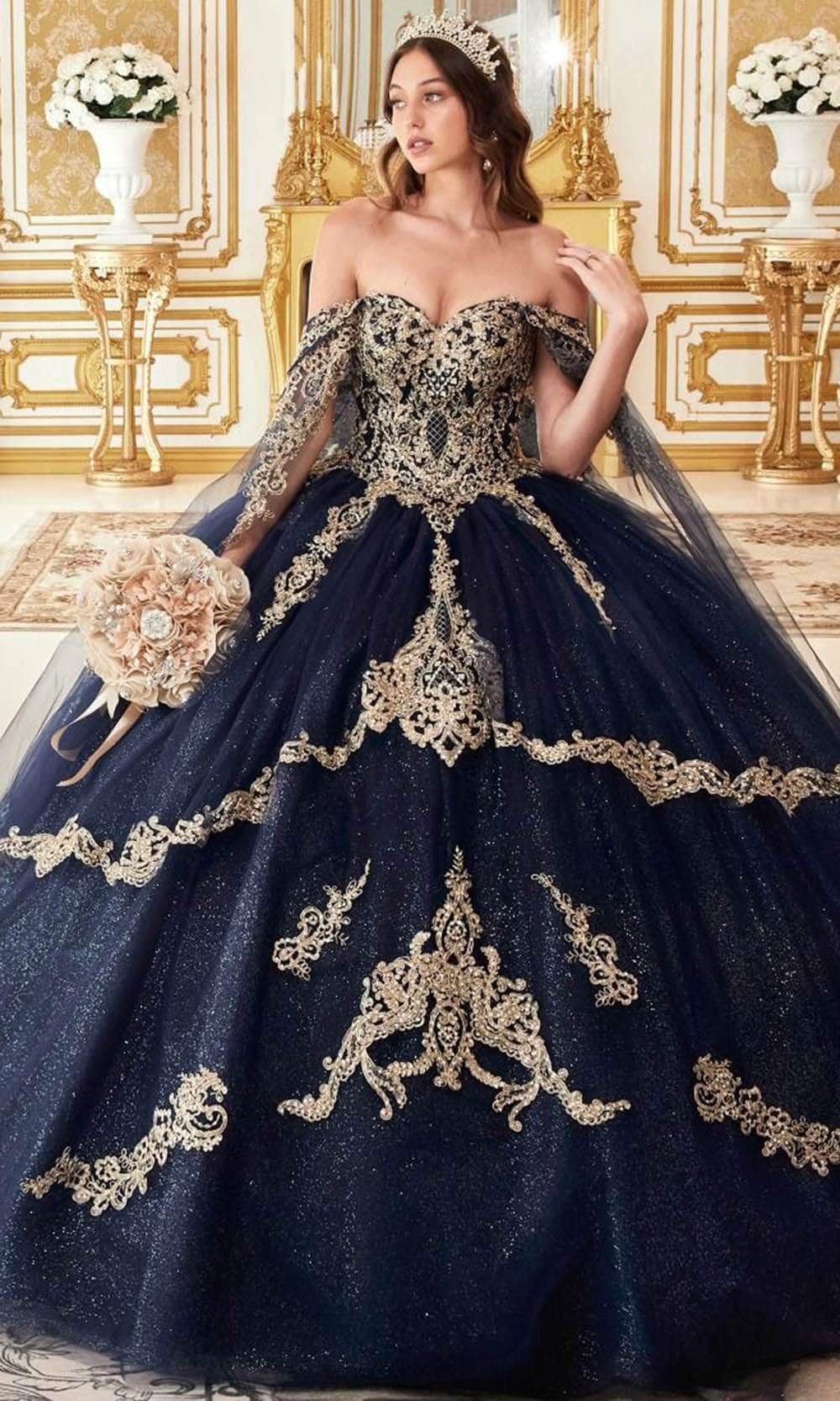 Ladivine 15711 - Lace Applique Off-Shoulder Ballgown - Navy / XXS - Prom