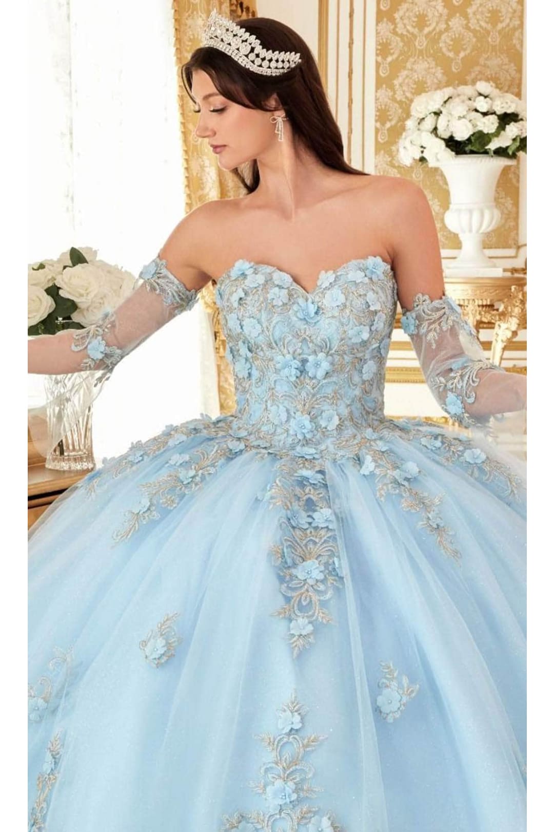 Ladivine 15714 - Strapless Floral Applique Ballgown - Lt Blue / XS - Prom