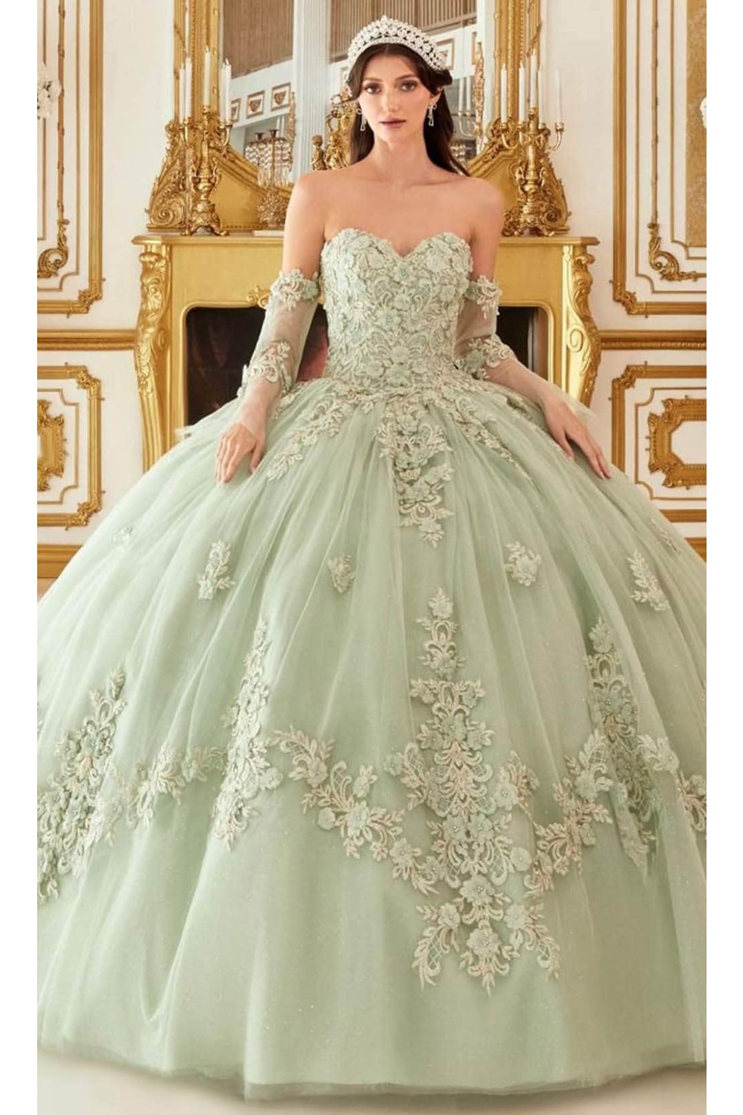 Ladivine 15714 - Strapless Floral Applique Ballgown - Sage / XS - Prom