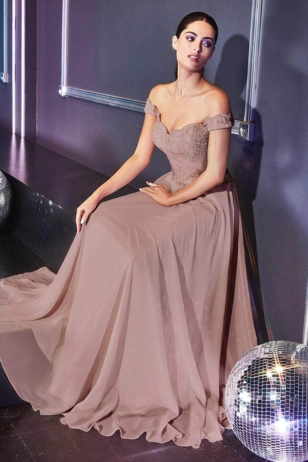 Ladivine 7258 - Chiffon Lace Embellished A-Line Gown - Prom