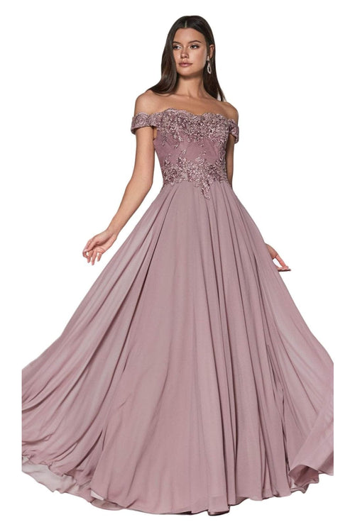 Ladivine 7258 - Chiffon Lace Embellished A-Line Gown - Prom