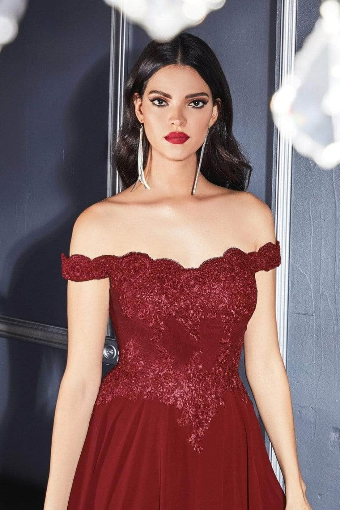 Ladivine 7258 - Chiffon Lace Embellished A-Line Gown - Prom