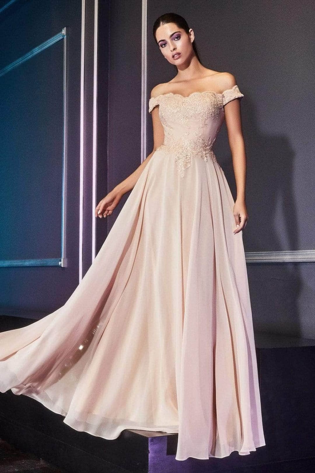 Ladivine 7258 - Chiffon Lace Embellished A-Line Gown - Prom
