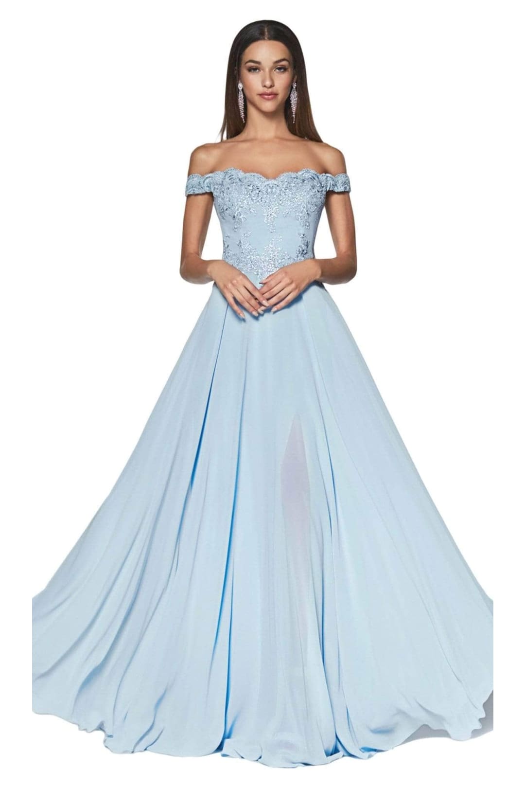 Ladivine 7258 - Chiffon Lace Embellished A-Line Gown - Prom