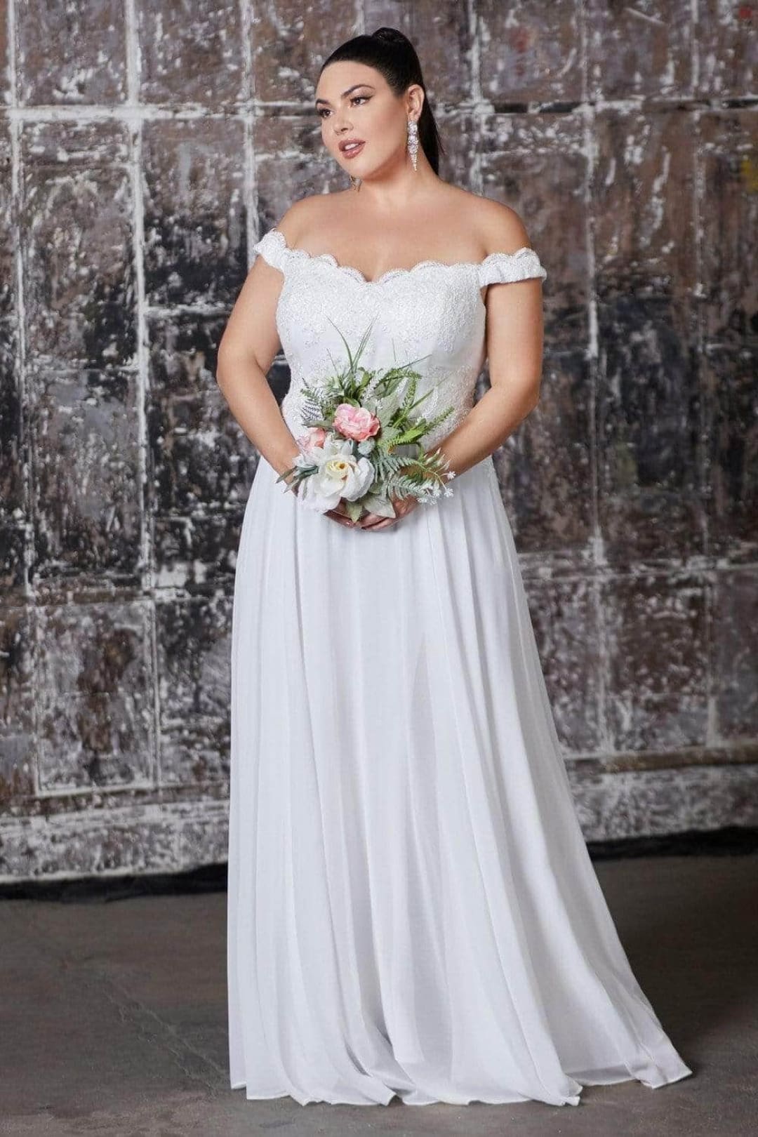 Ladivine 7258 - Chiffon Lace Embellished A-Line Gown - Prom