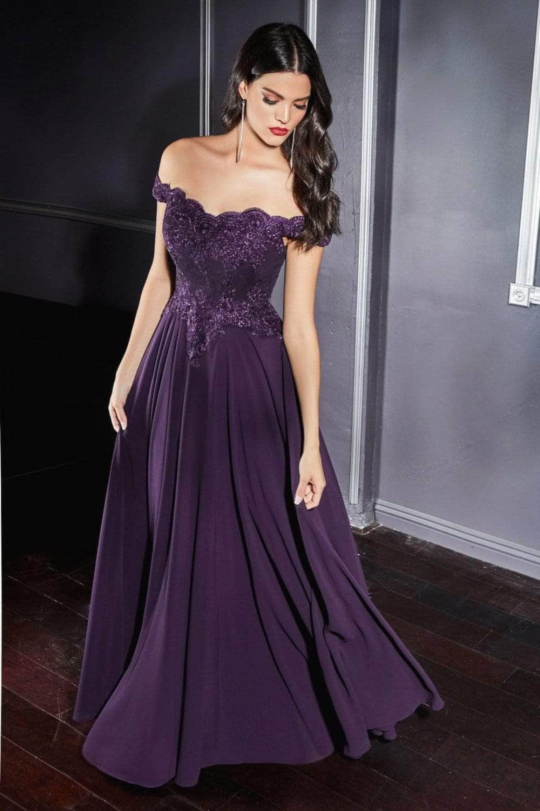 Ladivine 7258 - Chiffon Lace Embellished A-Line Gown - Prom