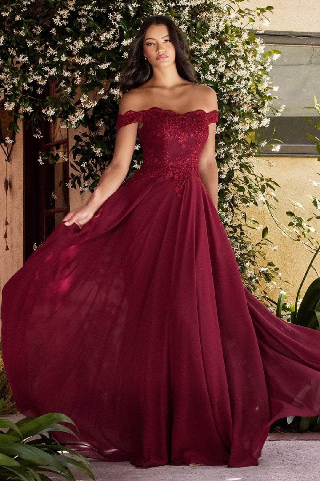 Ladivine 7258 - Chiffon Lace Embellished A-Line Gown - Prom