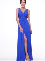 Ladivine 73 - Embellished Plunging V-neck A-line Dress