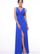 Ladivine 73 - Embellished Plunging V-neck A-line Dress