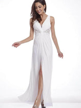 Ladivine 73 - Embellished Plunging V-neck A-line Dress