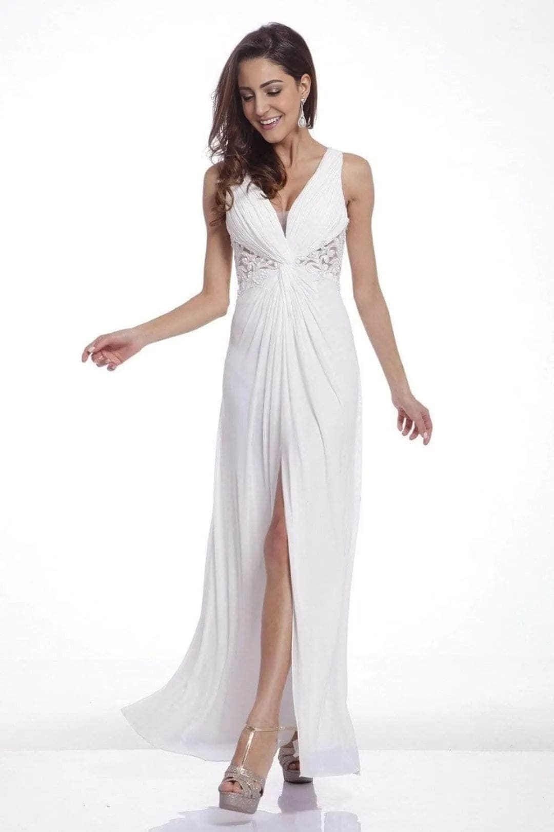 Ladivine 73 - Embellished Plunging V-neck A-line Dress - Prom