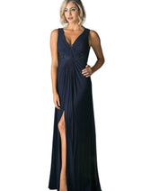 Ladivine 73 - Embellished Plunging V-neck A-line Dress