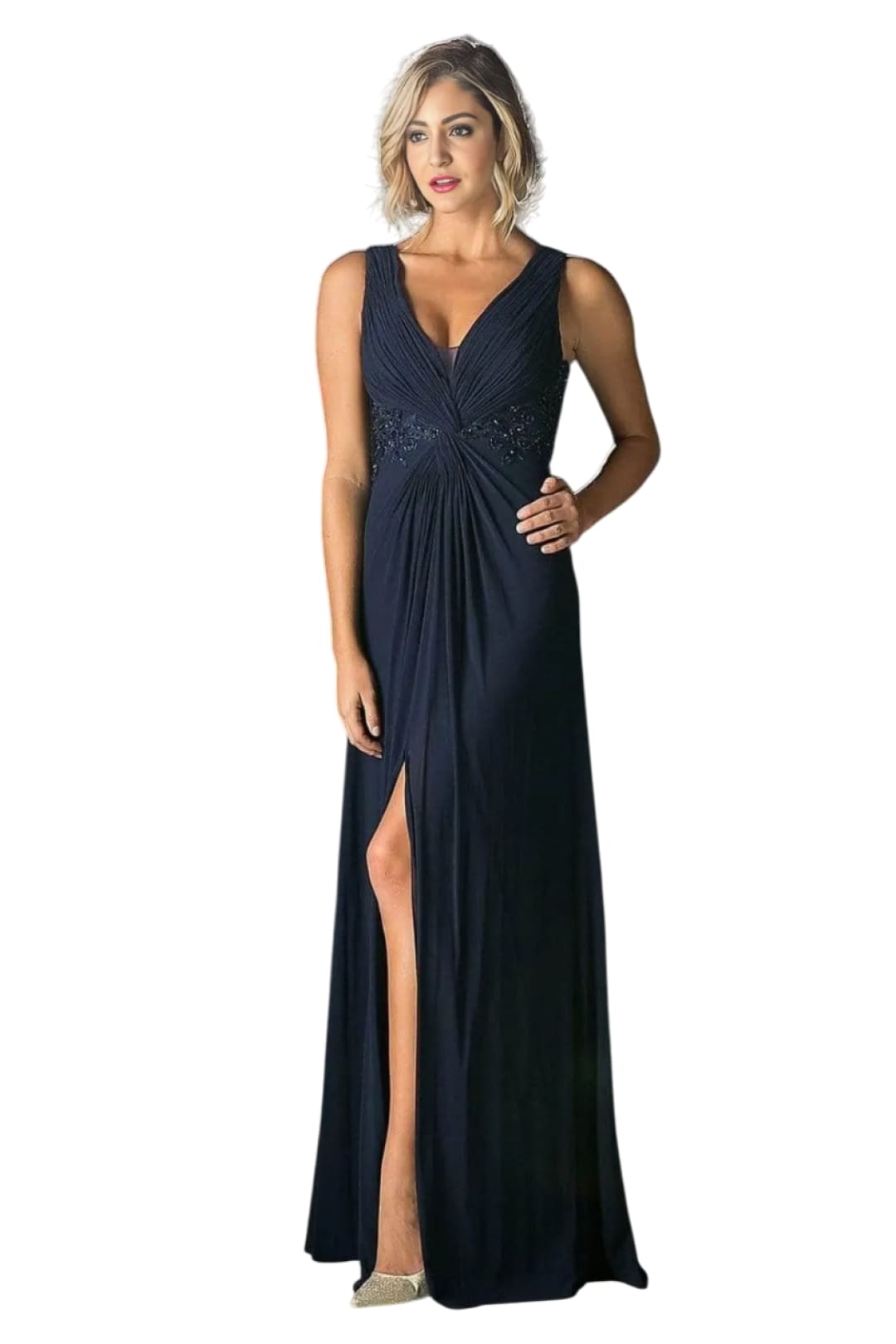 Ladivine 73 - Embellished Plunging V-neck A-line Dress - Prom