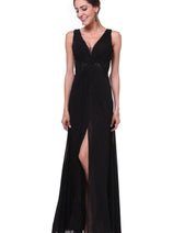 Ladivine 73 - Embellished Plunging V-neck A-line Dress