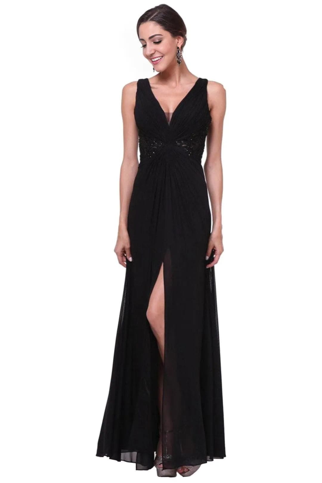 Ladivine 73 - Embellished Plunging V-neck A-line Dress - Prom