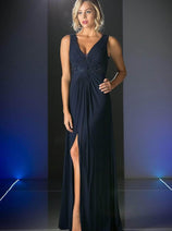 Ladivine 73 - Embellished Plunging V-neck A-line Dress