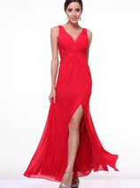 Ladivine 73 - Embellished Plunging V-neck A-line Dress