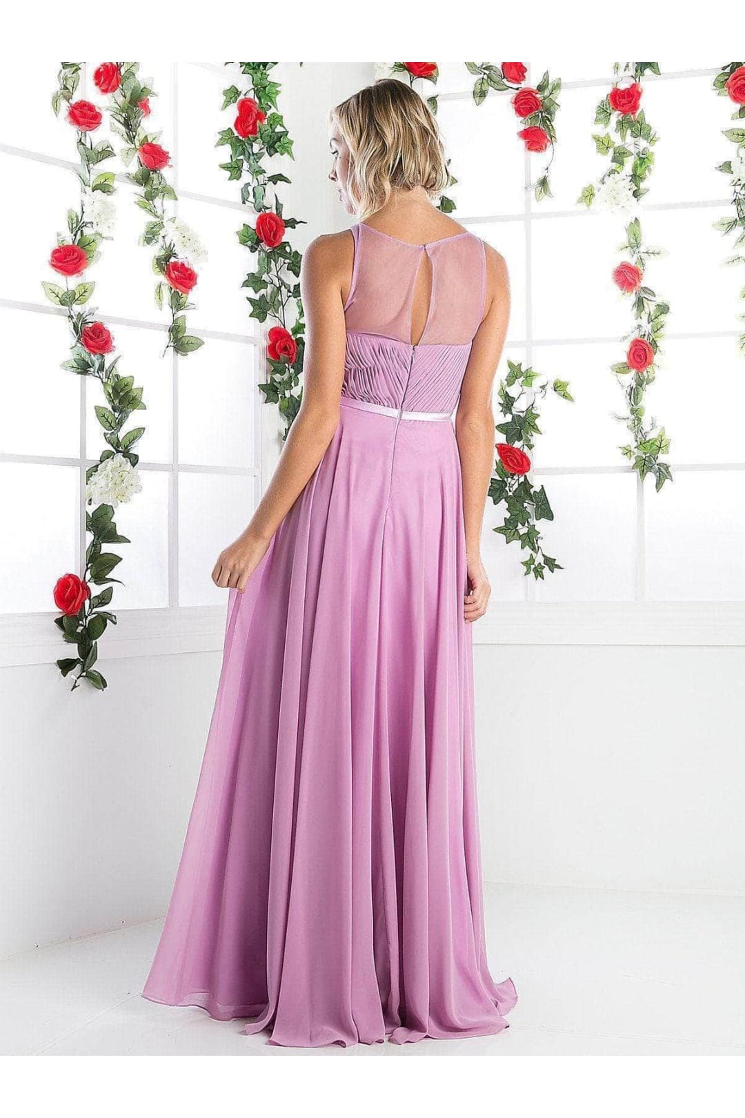 Ladivine 7458 Chiffon Empire Waist Illusion Gown - Prom