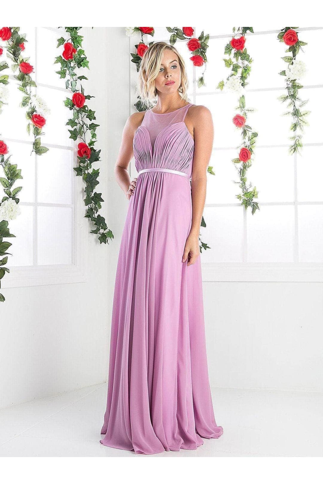 Ladivine 7458 Chiffon Empire Waist Illusion Gown - Prom