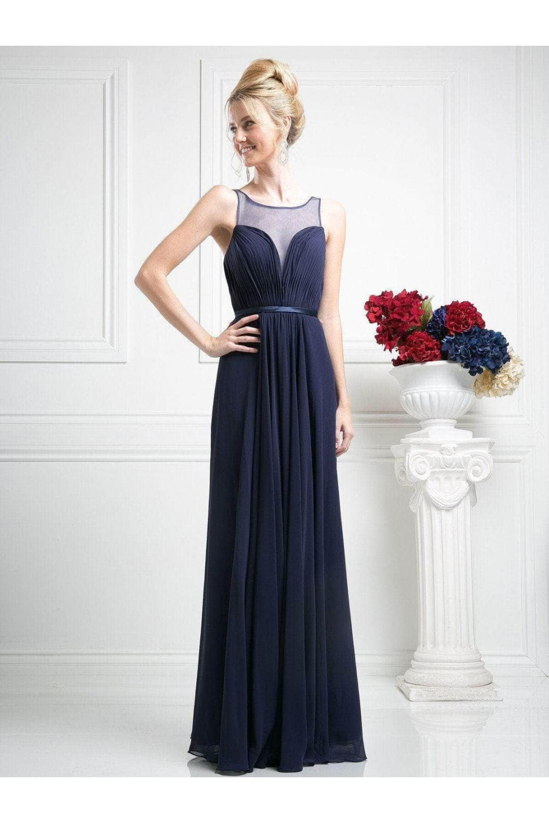 Ladivine 7458 Chiffon Empire Waist Illusion Gown - Prom