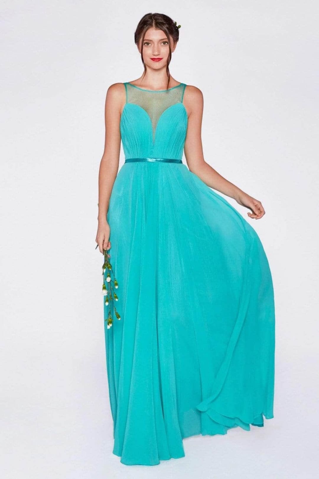 Ladivine 7458 Chiffon Empire Waist Illusion Gown - Prom