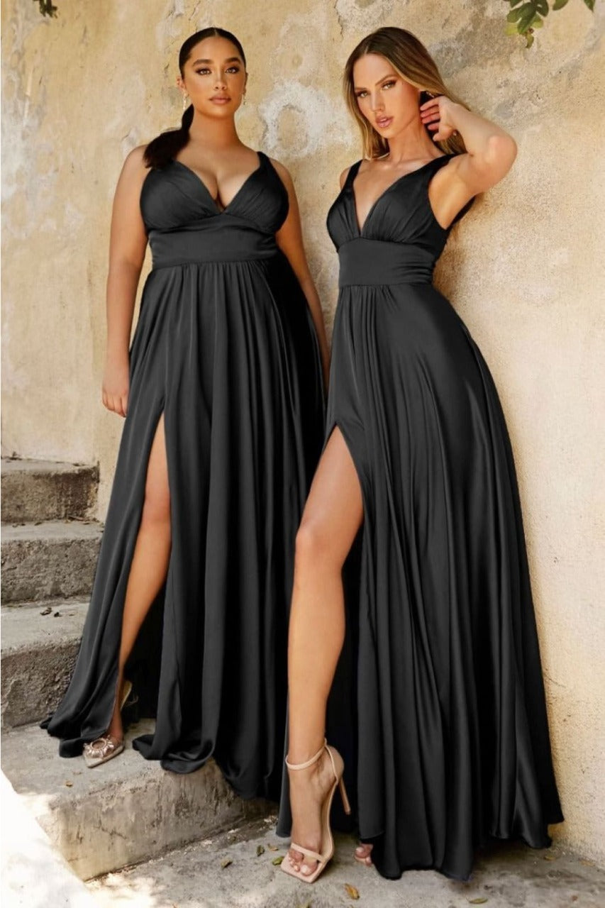 Ladivine 7469 Open V-Back High Slit Formal Satin Dress - Dress