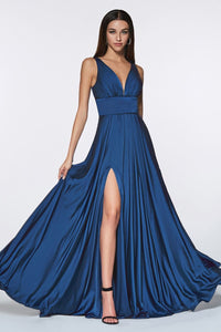 Ladivine 7469 Open V-Back High Slit Formal Satin Dress - Dress