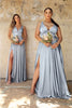 Ladivine 7469 Open V-Back High Slit Formal Satin Dress - PARIS BLUE / 4 - Dress