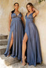 Ladivine 7469 Open V-Back High Slit Formal Satin Dress - SMOKY BLUE / 4 - Dress