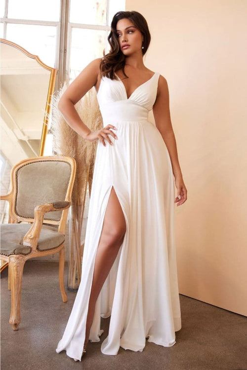 Ladivine 7469W Off-White Satin Long High Slit Wedding Dress - Dress
