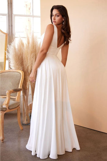 Ladivine 7469W Off-White Satin Long High Slit Wedding Dress - Dress