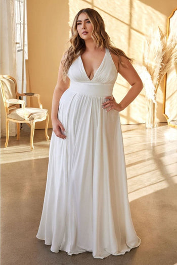 Ladivine 7469W Off-White Satin Long High Slit Wedding Dress - OFF WHITE / 18 - Dress