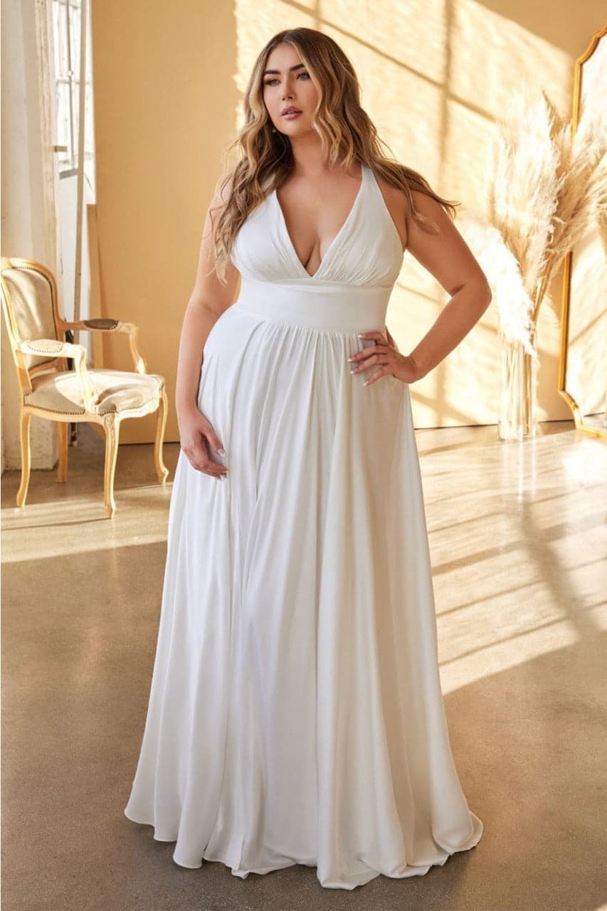 Ladivine 7469W Off-White Satin Long High Slit Wedding Dress - Dress