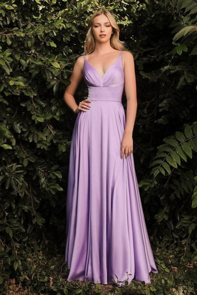 Ladivine 7472 - V-Neck Satin A-Line Dress - Prom