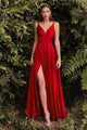 Ladivine 7472 - V-Neck Satin A-Line Dress - Prom