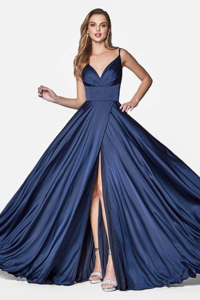 Ladivine 7472 - V-Neck Satin A-Line Dress - Prom