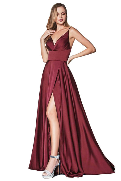 Ladivine 7472 - V-Neck Satin A-Line Dress - Prom