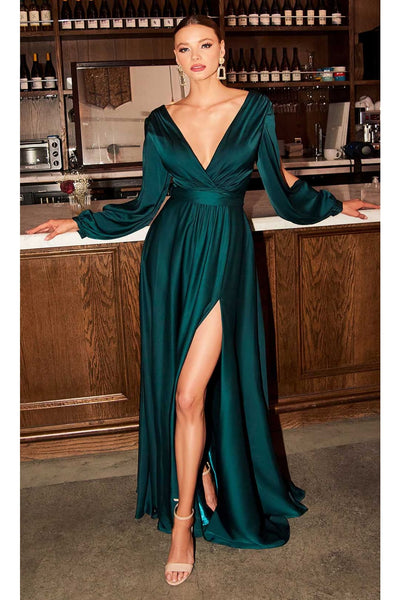 Ladivine 7475 - Long Sleeve High Slit Gown - Prom