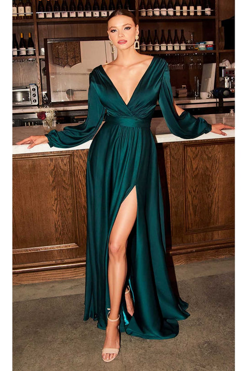 Ladivine 7475 - Long Sleeve High Slit Gown - Prom
