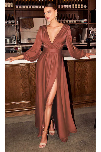 Ladivine 7475 - Long Sleeve High Slit Gown - Prom