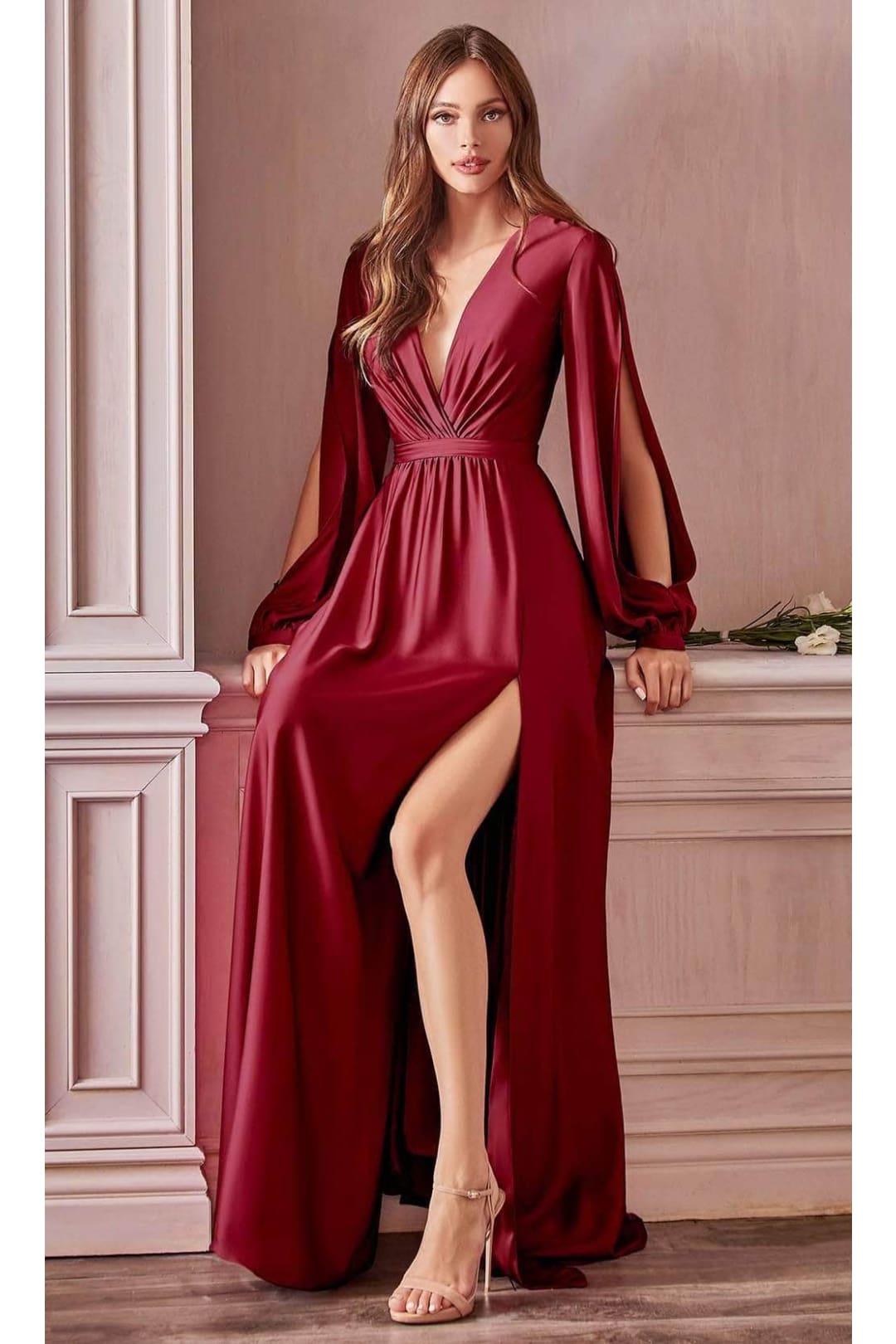 Ladivine 7475 - Long Sleeve High Slit Gown - Prom