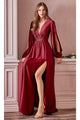 Ladivine 7475 - Long Sleeve High Slit Gown - Prom