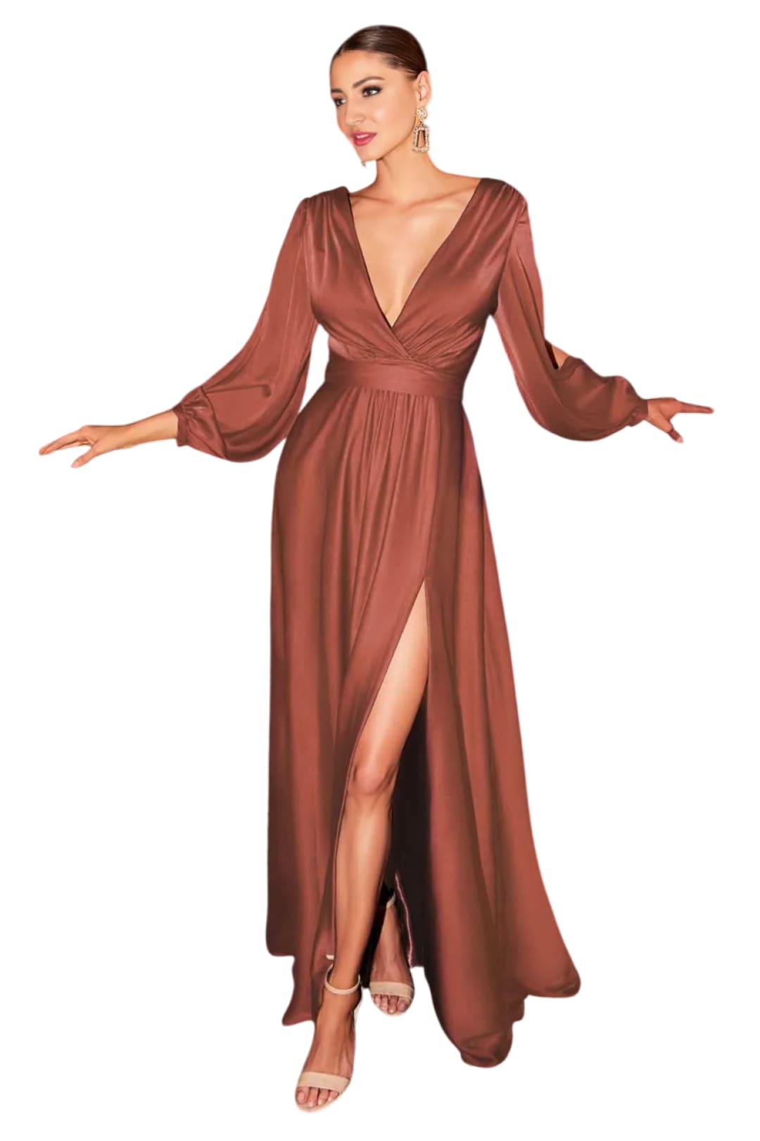 Ladivine 7475C - V-Neck High Slit Evening Dress - Prom