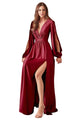 Ladivine 7475C - V-Neck High Slit Evening Dress - Burgundy / 16 - Prom