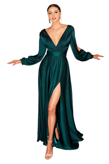 Ladivine 7475C - V-Neck High Slit Evening Dress - Emerald / 16 - Prom