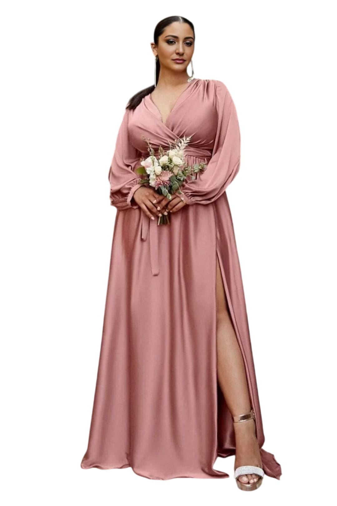 Ladivine 7475C - V-Neck High Slit Evening Dress - Mauve / 16 - Prom