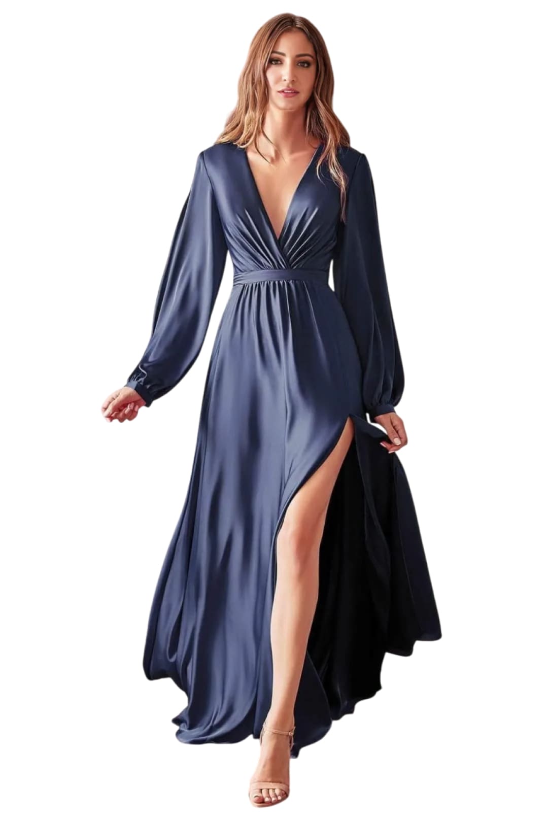 Ladivine 7475C - V-Neck High Slit Evening Dress - Navy / 16 - Prom